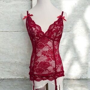 Red Lace Lingerie Top with Bows and lace up back M whimsygoth coquette